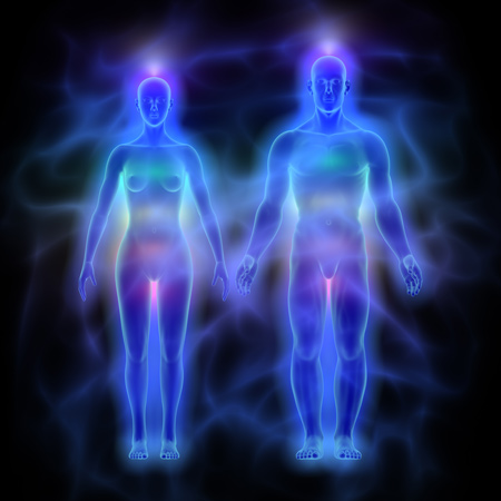 A graphic showing a woman and mans body that glows with their aura and chakra colors.